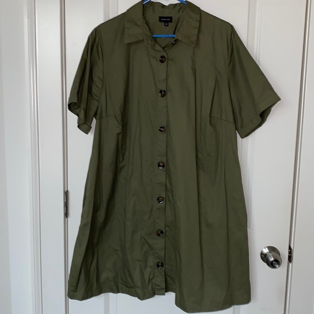 100% Cotton Olive Green Shirt Dress with Button Front and Pockets!